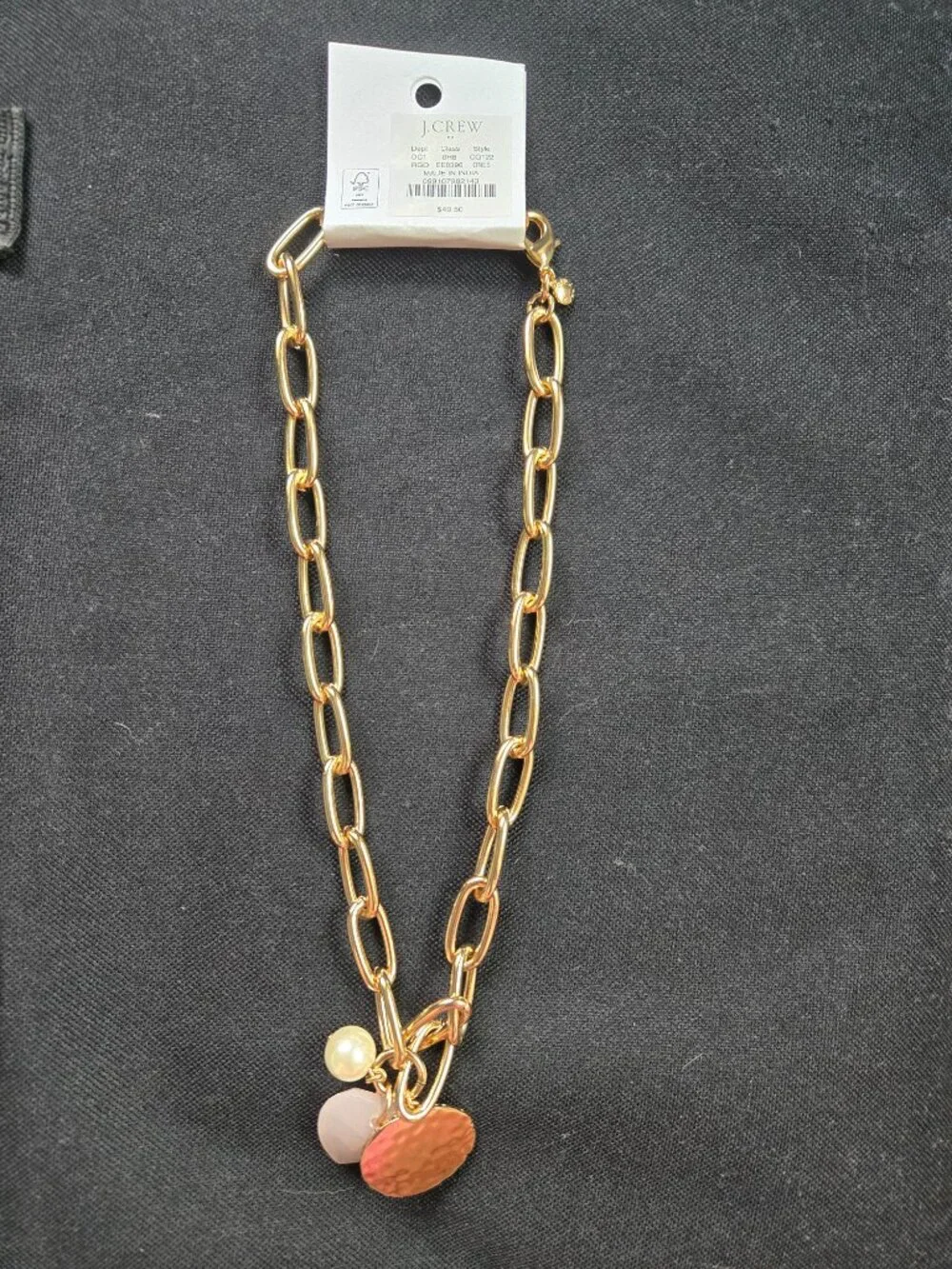 J.CREW Puffy Heart Pearl Coin Charms Gold Necklace, Retails $49.50 NWT!
